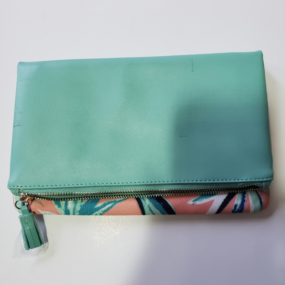Rachel Pally fold over leather clutch with tropical design